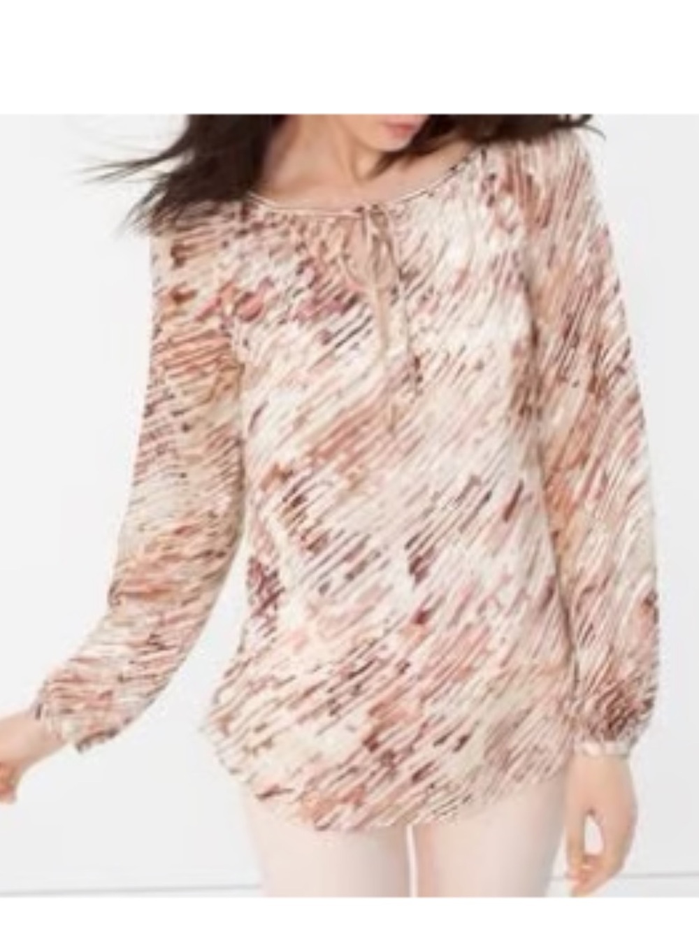 White House Black Market Neutral Printed Tie-Neck Peasant Blouse